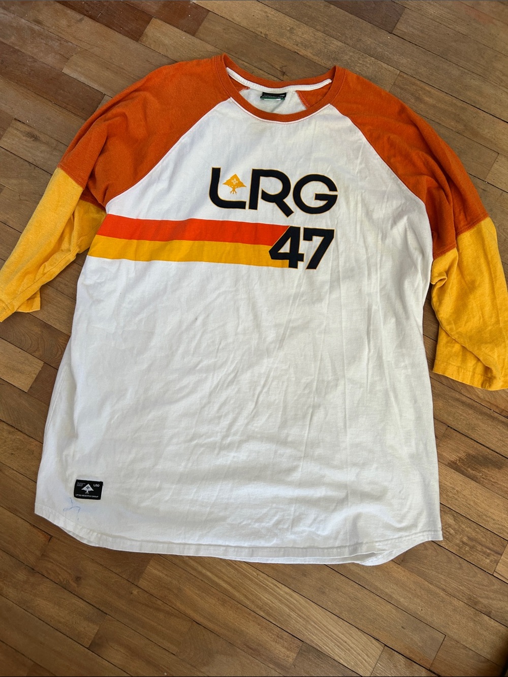 LRG White Raglan Tee with Orange and Yellow Sleeves